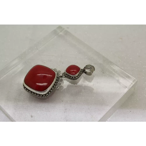Signed BC .925 S.S. Large RED CORAL SOUTHWESTERN DANGLE pendant