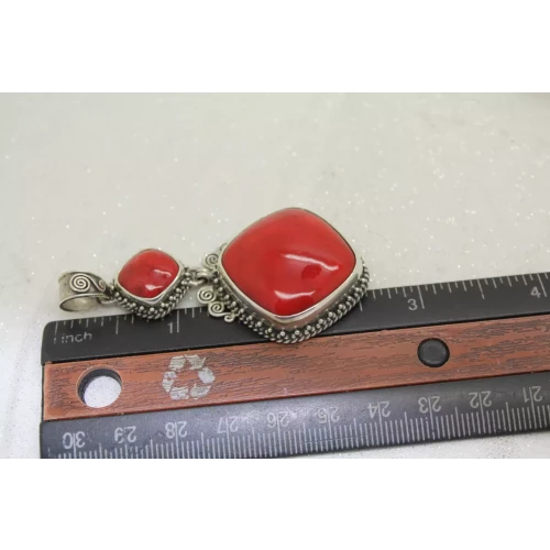 Signed BC .925 S.S. Large RED CORAL SOUTHWESTERN DANGLE pendant