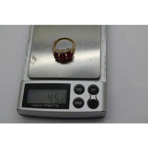 Signed BJ 10k Y.G. Oval Cut 3 STONE RUBY HALO ring size 8