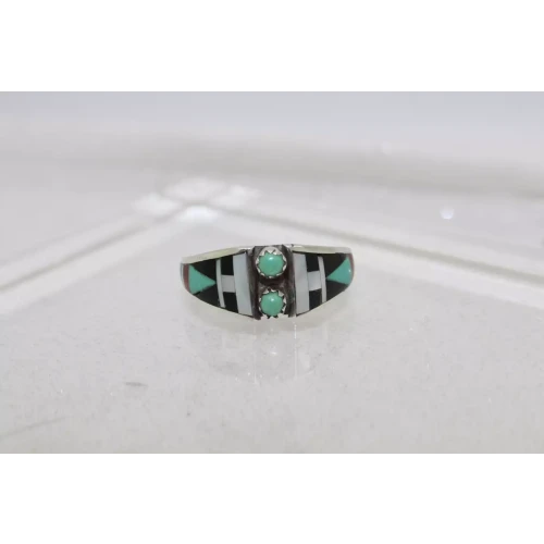Signed BOONE ZUNI .925 S.S. ONYX, MOP, TURQUOISE INLAY ring size 9.75
