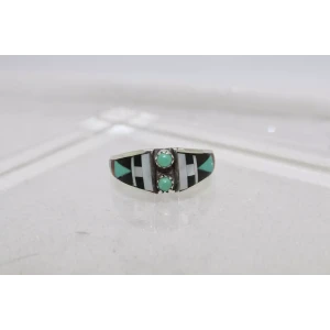 Signed BOONE ZUNI .925 S.S. ONYX, MOP, TURQUOISE INLAY ring size 9.75