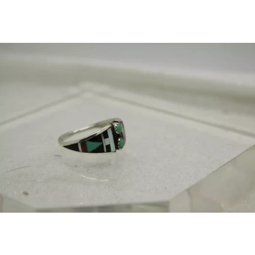 Signed BOONE ZUNI .925 S.S. ONYX, MOP, TURQUOISE INLAY ring size 9.75