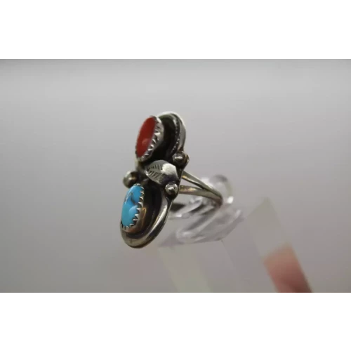 Signed C. DAVIS .925 Sterling Silver TURQUOISE & CORAL ring size 5