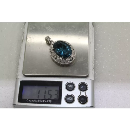 Signed CJ .925 S.S. Large LONDON BLUE TOPAZ acc. diamonds  FILIGREE