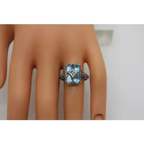 Signed CNA .925 S.S. BLUE TOPAZ VINTAGE STYLE FILIGREE ring size 7.75 #