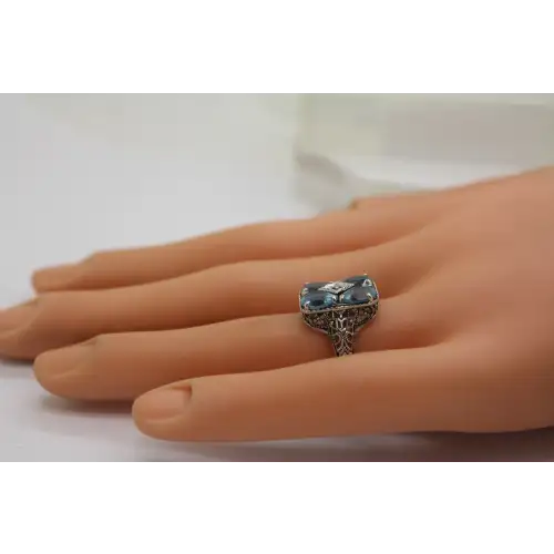 Signed CNA .925 S.S. BLUE TOPAZ VINTAGE STYLE FILIGREE ring size 7.75 #