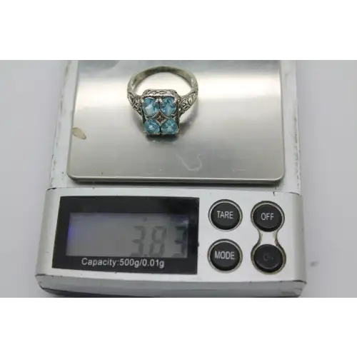 Signed CNA .925 S.S. BLUE TOPAZ VINTAGE STYLE FILIGREE ring size 7.75 #