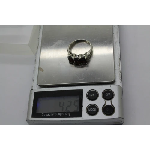 Signed CNA .925 S.S. GARNET 3 Stone HEART FILIGREE ring size 8