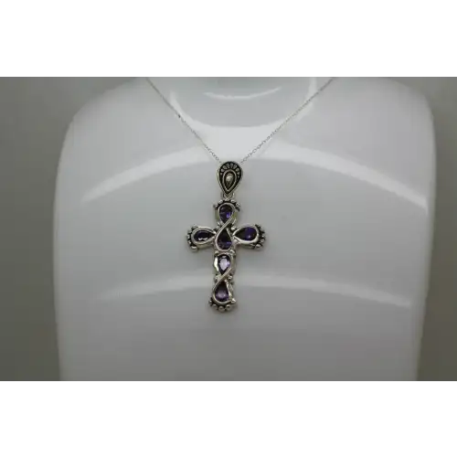 Signed CW .925 S.S. PURPLE CZ DOUBLE INFINITY CROSS pend. necklace