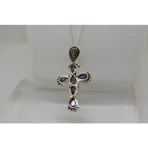 Signed CW .925 S.S. PURPLE CZ DOUBLE INFINITY CROSS pend. necklace (2)