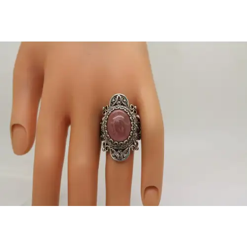 Signed DGS .925 S.S. PINK RHODONITE CABOCHON FILIGREE ring size 10