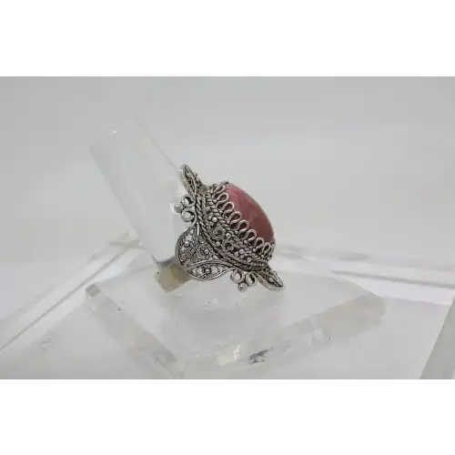 Signed DGS .925 S.S. PINK RHODONITE CABOCHON FILIGREE ring size 10