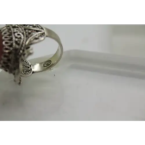 Signed DGS .925 S.S. PINK RHODONITE CABOCHON FILIGREE ring size 10
