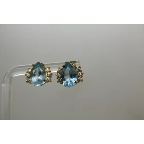 Signed DLC 14k Y.G. Pear Cut BLUE TOPAZ & WHITE STONE earrings