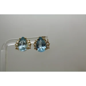 Signed DLC 14k Y.G. Pear Cut BLUE TOPAZ & WHITE STONE earrings