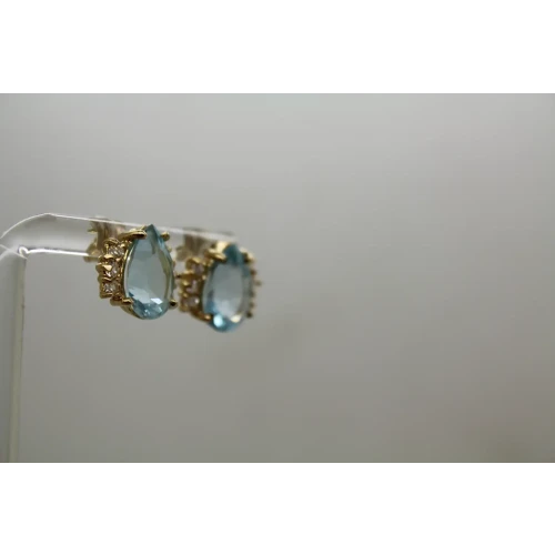 Signed DLC 14k Y.G. Pear Cut BLUE TOPAZ & WHITE STONE earrings