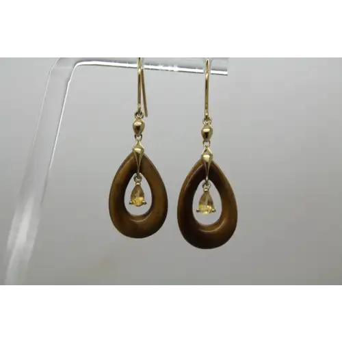 Signed EA 14k Y.G. TIGER'S EYE & CITRINE TEARDROP dangle earrings #