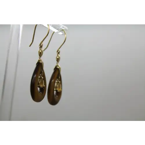 Signed EA 14k Y.G. TIGER'S EYE & CITRINE TEARDROP dangle earrings #