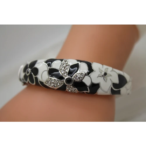 Signed EMA .925 S.S. BLACK & WHITE ENAMEL CZ Hinged bangle
