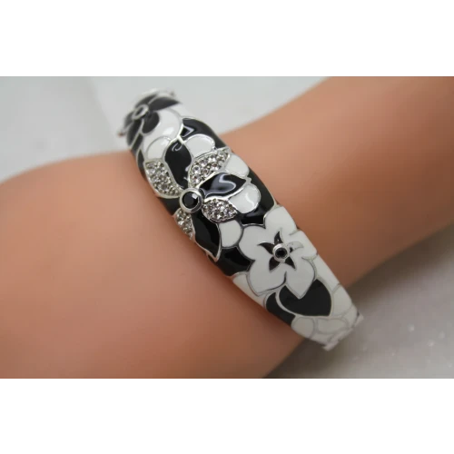 Signed EMA .925 S.S. BLACK & WHITE ENAMEL CZ Hinged bangle