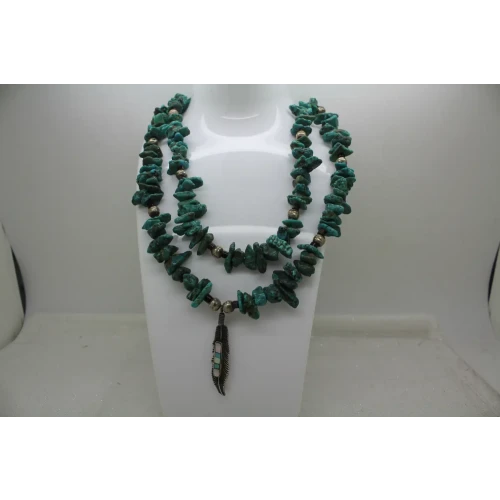 Signed FA .925 S.S. NAVAJO PEARL TURQUOISE NUGGET FEATHER 28