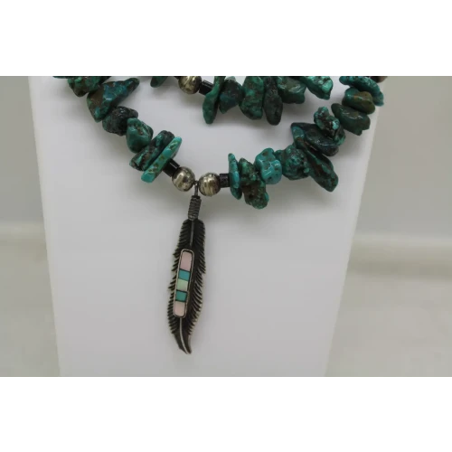 Signed FA .925 S.S. NAVAJO PEARL TURQUOISE NUGGET FEATHER 28
