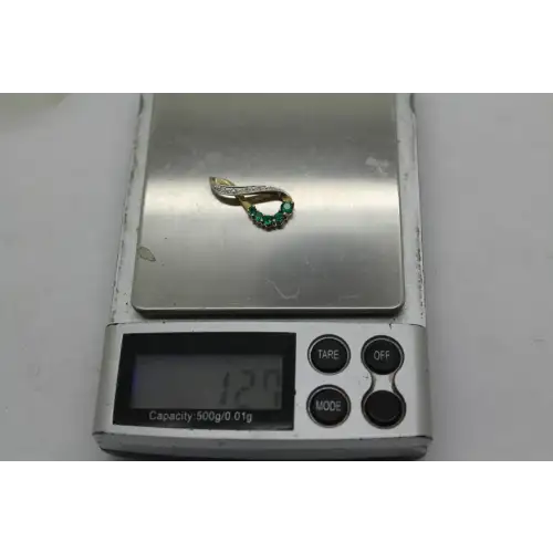Signed F.D. 10k Y.G. DIAMOND & EMERALD INFINITY DESIGN pendant