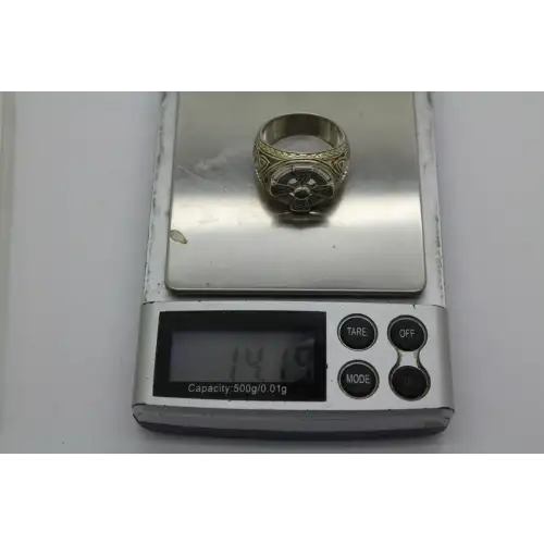 Signed FM .925 S.S. EMERALD CELTIC CROSS TRIQUERTA KNOT ring sz 9.5 #