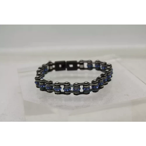 Signed HM Stainless Steel BLUE RHINESTONE BIKE CHAIN bracelet 7 1/2