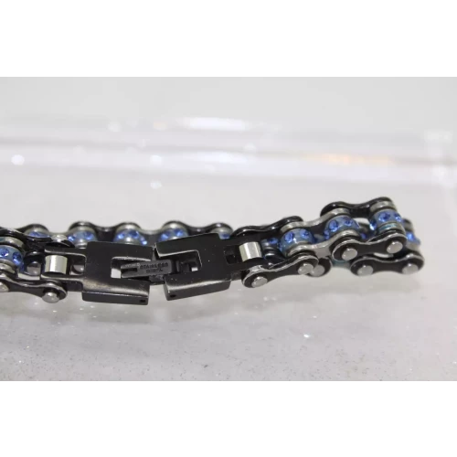 Signed HM Stainless Steel BLUE RHINESTONE BIKE CHAIN bracelet 7 1/2
