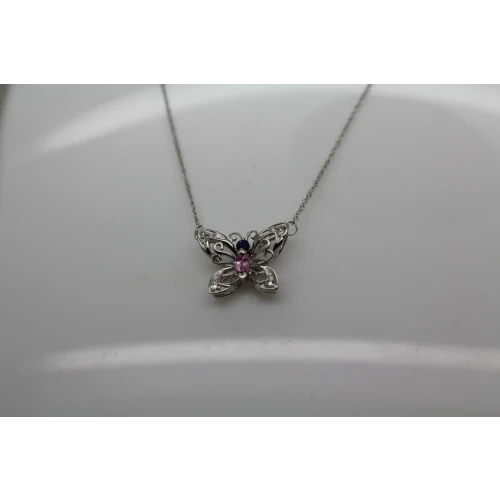 Signed LGL 10k W.G. BLUE & PINK TOPAZ DIAMOND BUTTERFLY necklace