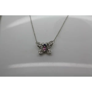 Signed LGL 10k W.G. BLUE & PINK TOPAZ DIAMOND BUTTERFLY necklace
