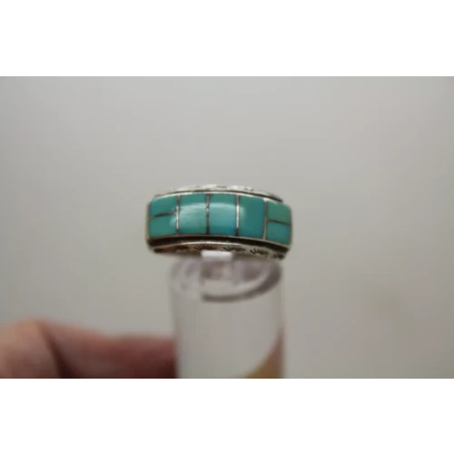 Signed LL .925 S.S. TURQUOISE CHANNEL INLAY BAND ring size 11