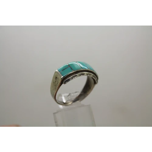 Signed LL .925 S.S. TURQUOISE CHANNEL INLAY BAND ring size 11
