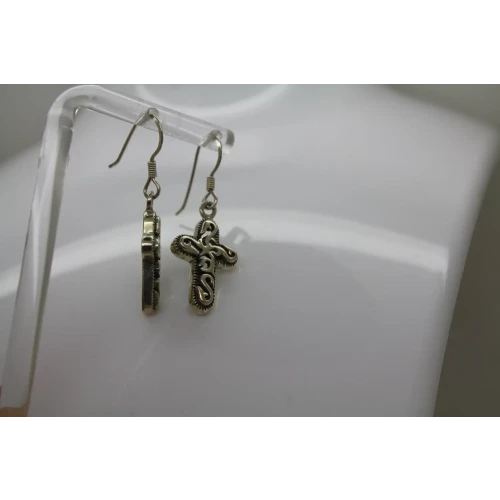 Signed MC .925 S.S. ORNATE SWIRL DESIGNED CROSS DANGLE earrings