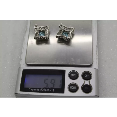 Signed NF .925 S.S. AQUAMARINE & CZ FANCY SQUARE STUD earrings