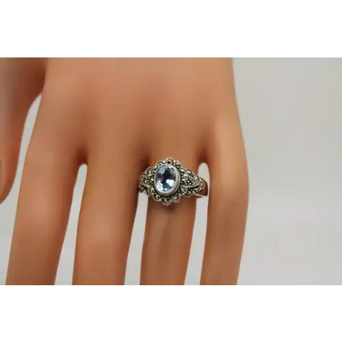 Signed NF .925 S.S. Oval BLUE TOPAZ & MARCASITE ring size 8.75