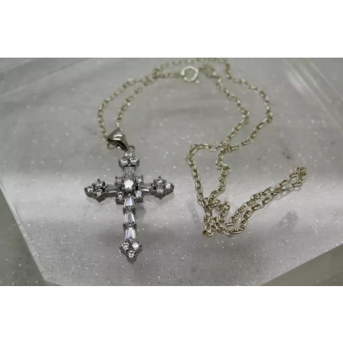Signed PJM .925 S.S. GRADUATED BAGUETTE CROSS pendant necklace 16