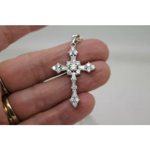 Signed PJM .925 S.S. GRADUATED BAGUETTE CROSS pendant necklace 16