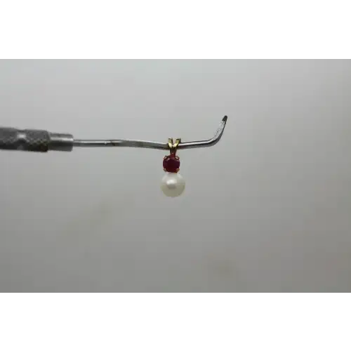 Signed RJ 14k Y.G. PEARL & RED TOPAZ DROP pendant #