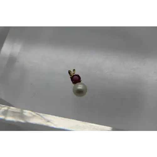 Signed RJ 14k Y.G. PEARL & RED TOPAZ DROP pendant #