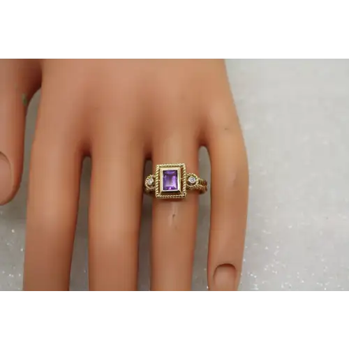 Signed RJM 14k Y.G. AMETHYST & DIAMOND VINTAGE INSIPIRED ring size 7