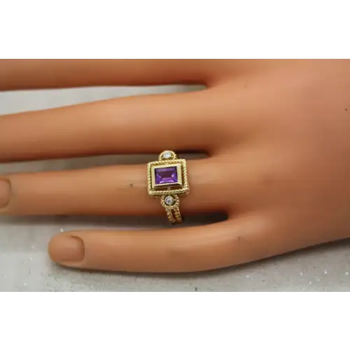 Signed RJM 14k Y.G. AMETHYST & DIAMOND VINTAGE INSIPIRED ring size 7