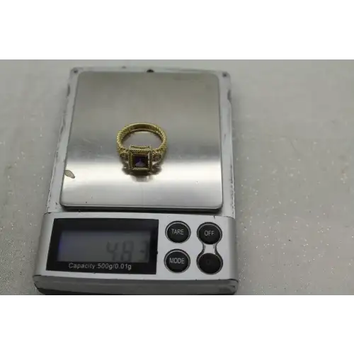 Signed RJM 14k Y.G. AMETHYST & DIAMOND VINTAGE INSIPIRED ring size 7