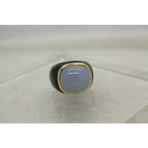 Signed STN 14k Y.G. BEZEL SET CHALCEDONY on JASPER ring size 6.75