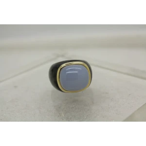 Signed STN 14k Y.G. BEZEL SET CHALCEDONY on JASPER ring size 6.75