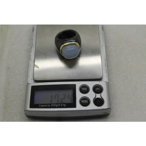 Signed STN 14k Y.G. BEZEL SET CHALCEDONY on JASPER ring size 6.75