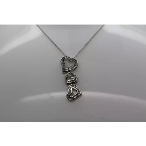 Signed STS 10k White Gold DIAMOND TRIPLE HEART pendant necklace 18