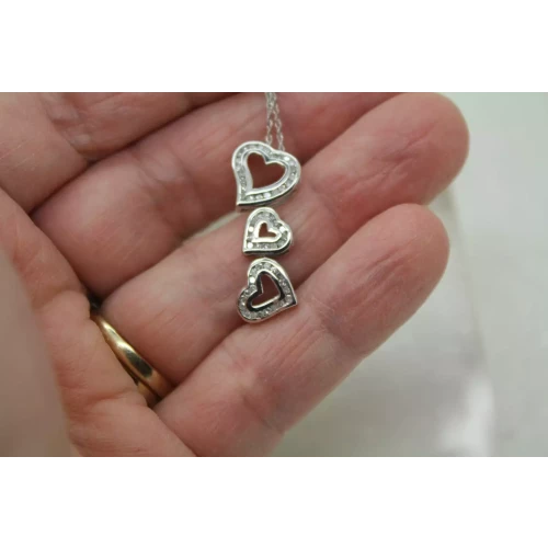 Signed STS 10k White Gold DIAMOND TRIPLE HEART pendant necklace 18