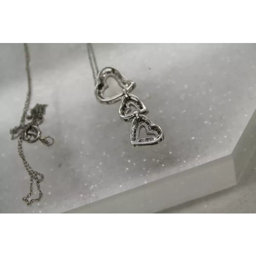 Signed STS 10k White Gold DIAMOND TRIPLE HEART pendant necklace 18